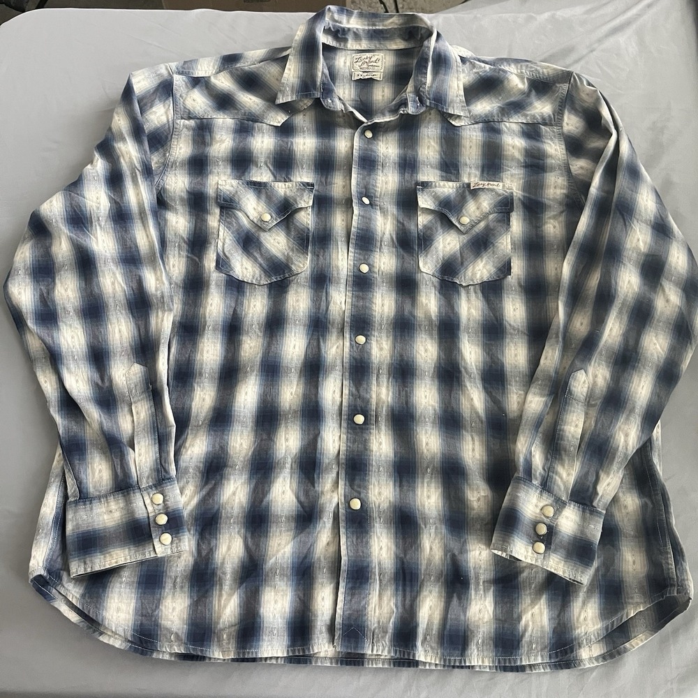Lucky Brand Men's Shirt 2XL Long Sleeve Blue Plaid Pearl Snap Cotton Western